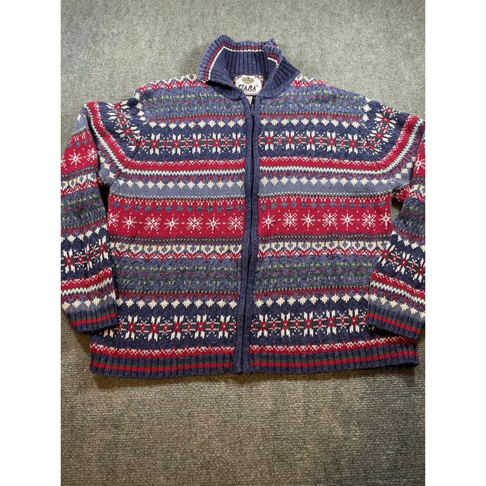 Vintage Tiara International Cotton Knitted Zip Front Sweater Jacket - Large